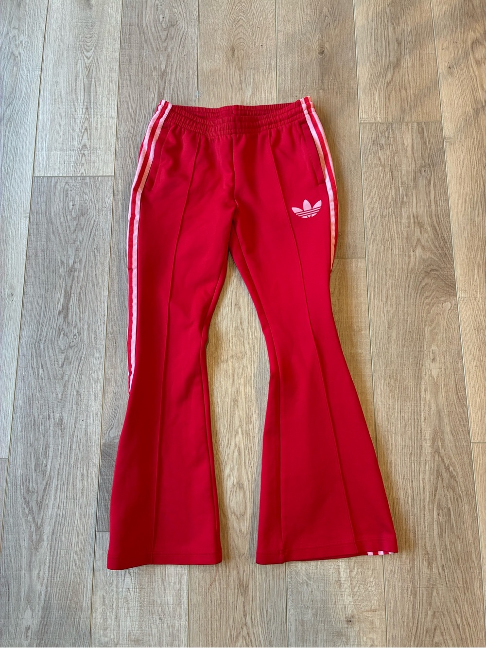 Adidas Red Flared Track Pants w/pink side stripes size Small Drawstring Waist